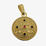 24K Gold plate over Silver Byzantine Pendant with Blue Spinel and Synthetic Ruby