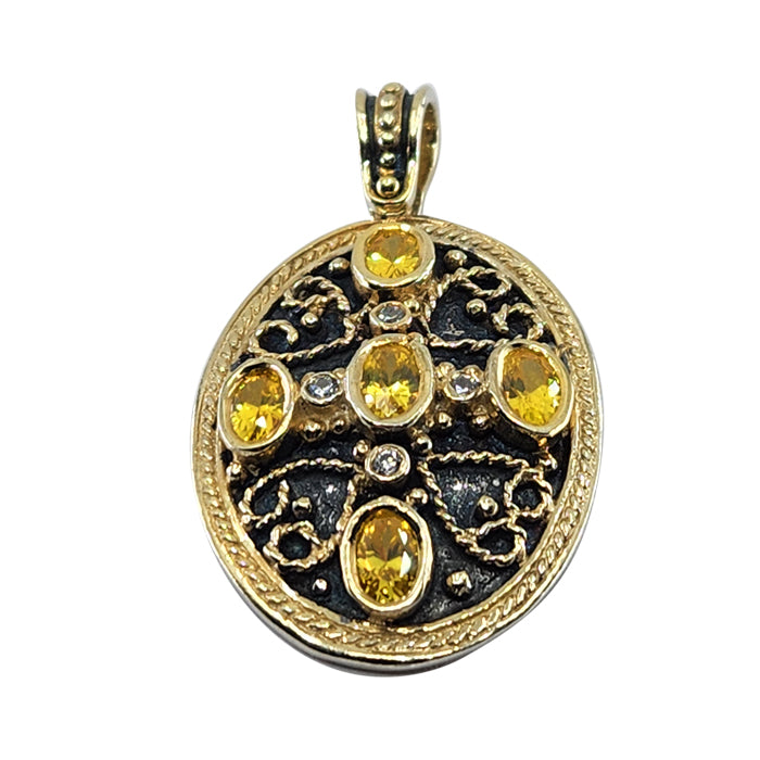 18K Gold over Silver Byzantine Oval Pendant with Citrine and White Sapphires