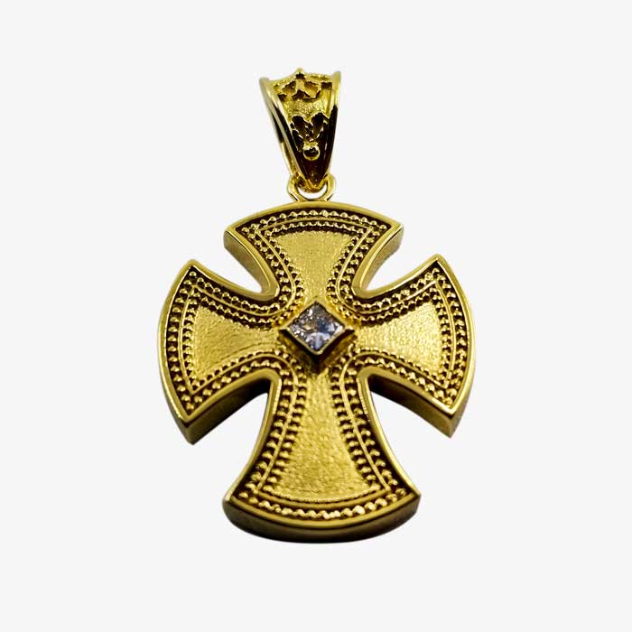 18K Solid Yellow Gold Cross with Center stone
