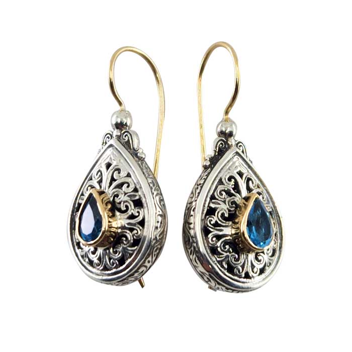 18K Gold and Sterling Silver Earrings with Blue Topaz Stone