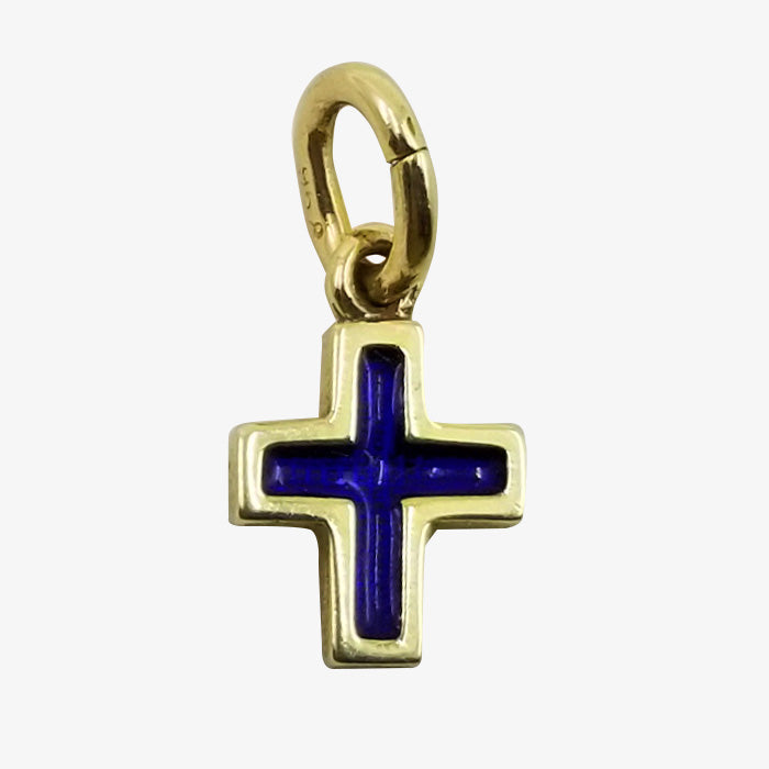 18K Gold Cross with Navy Blue Enamel Accents