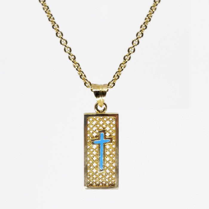 14K Gold Filigree Pendant, Turquoise Center Cross