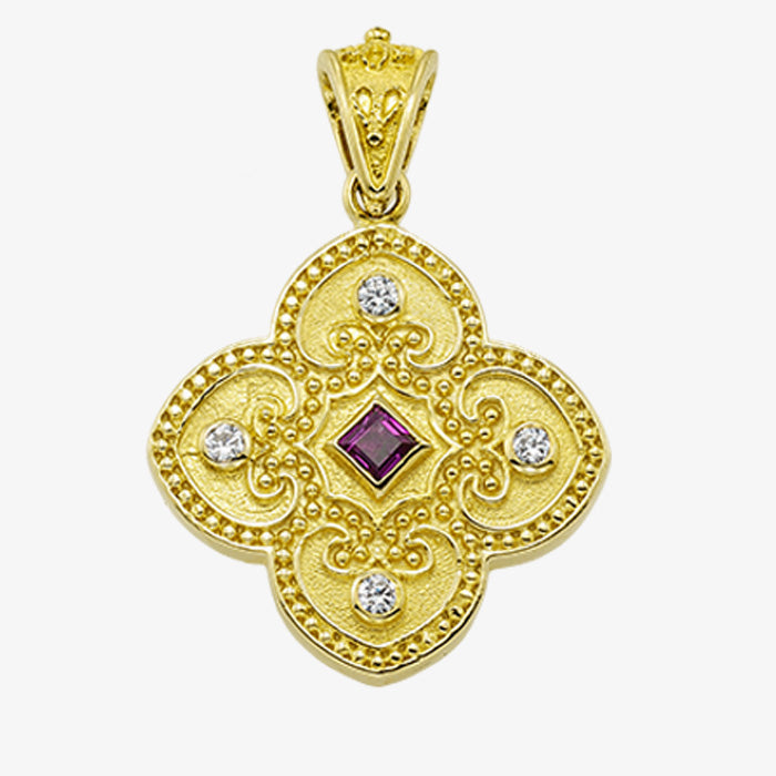 18K Yellow Gold Cross with Center Stone and Diamonds