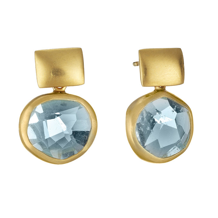 18K Yellow Gold Earrings with Hand cut Peridot or Aquamarine Stones