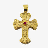 24K Gold plate over Silver Byzantine Cross with Synthetic Ruby