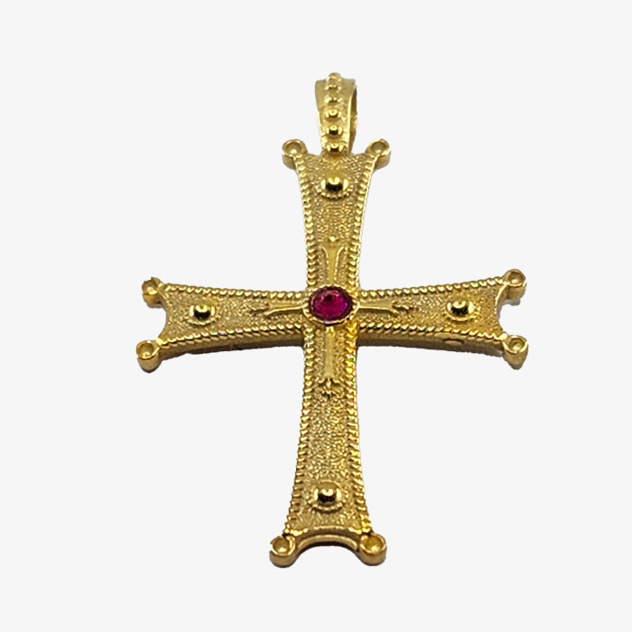 24K Gold plate over Silver Byzantine Cross with Synthetic Ruby