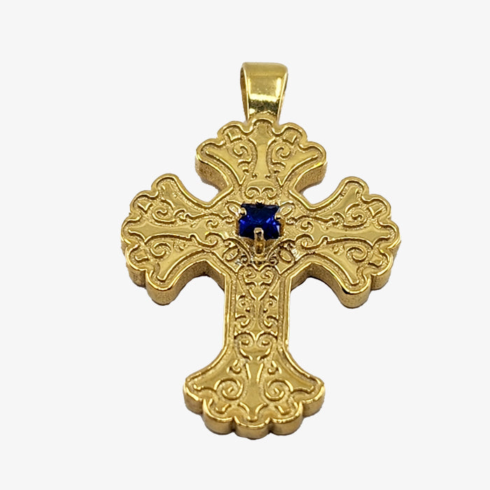 24K Gold plate over Silver Byzantine Cross with Blue Spinel Stone