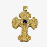 24K Gold plate over Silver Byzantine Cross with Blue Spinel Stone