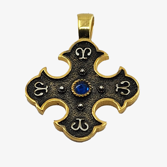 24K Gold plate over Silver Orthodox Cross with Blue Spinel Stone