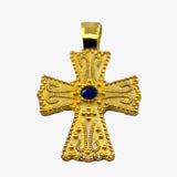 24K Gold plate over Silver Byzantine Cross with Blue Spinel