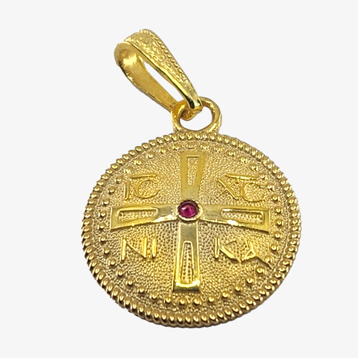 24K Gold plate over Silver Byzantine Pendant with Synthetic Ruby