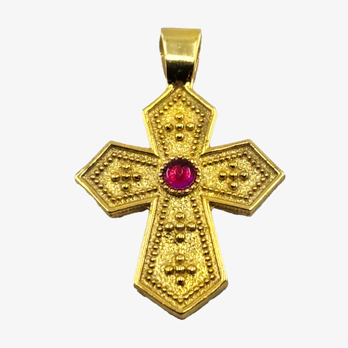 24K Gold plate over Silver Byzantine Cross with Synthetic Ruby