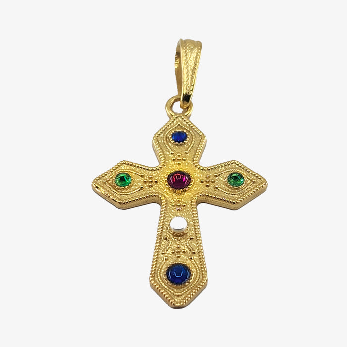 24K Gold plate over Silver Byzantine Cross with Garnet, Blue Spinel, Green Agate and White Agate