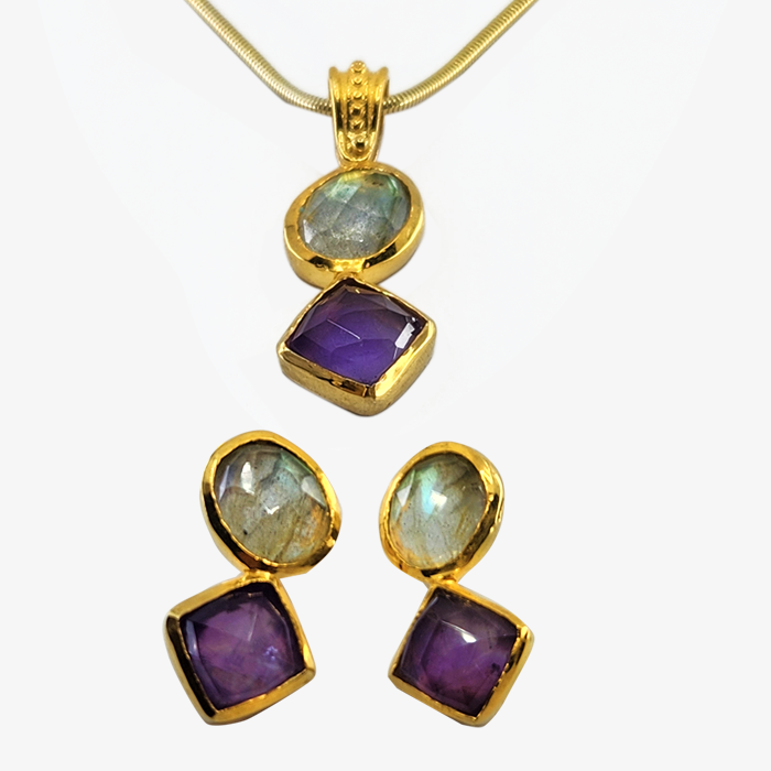 Sterling Silver and 18K Gold Plated Pendant and Earrings Set with Natural Stones