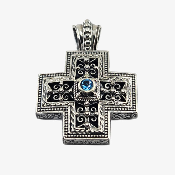 Sterling Silver, Blue Cubic Zirconium Byzantine Cross