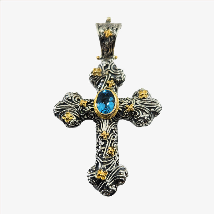 Sterling Silver / 18K Gold Eve Cross with Blue Topaz Stone