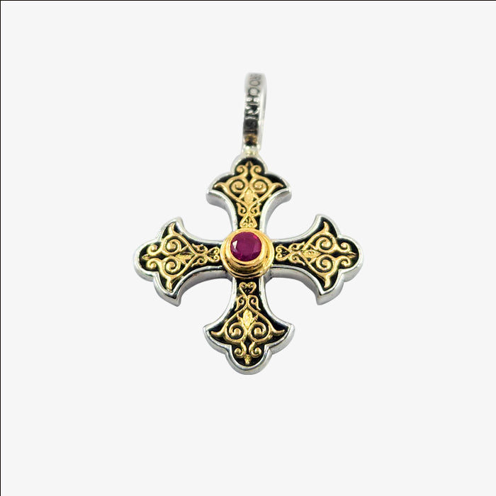 Sterling Silver, 18K Gold and Ruby Aretousia Cross