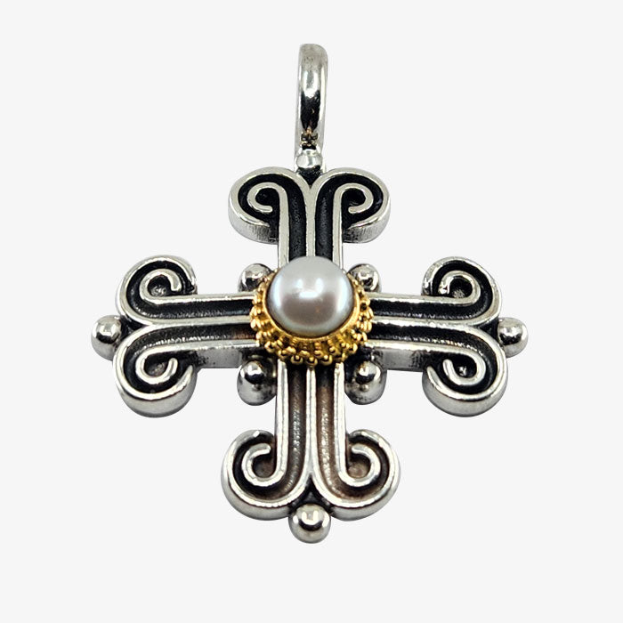 Sterling Silver, 18K Gold and Pearl Byzantine Cross