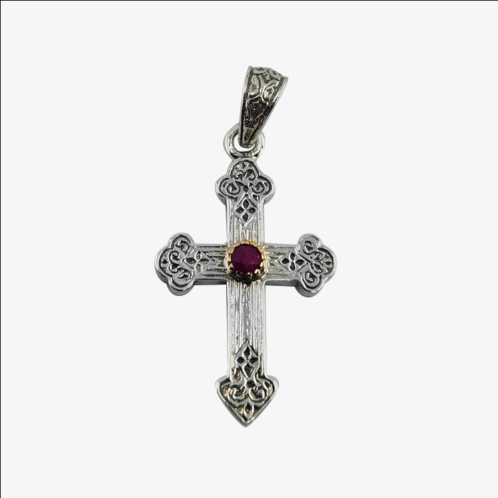 Sterling Silver, 18K Gold, Ruby Classic Cross