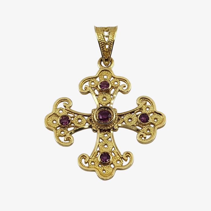 18K Gold Filigree Orthodox Cross with 5 Rubies