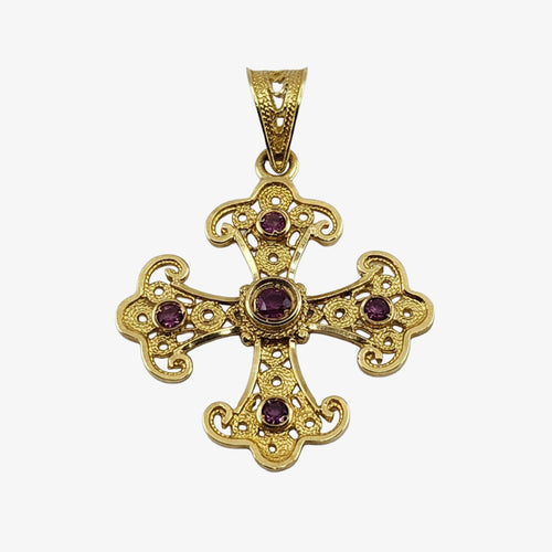 18K Gold Filigree Orthodox Cross with 5 Rubies