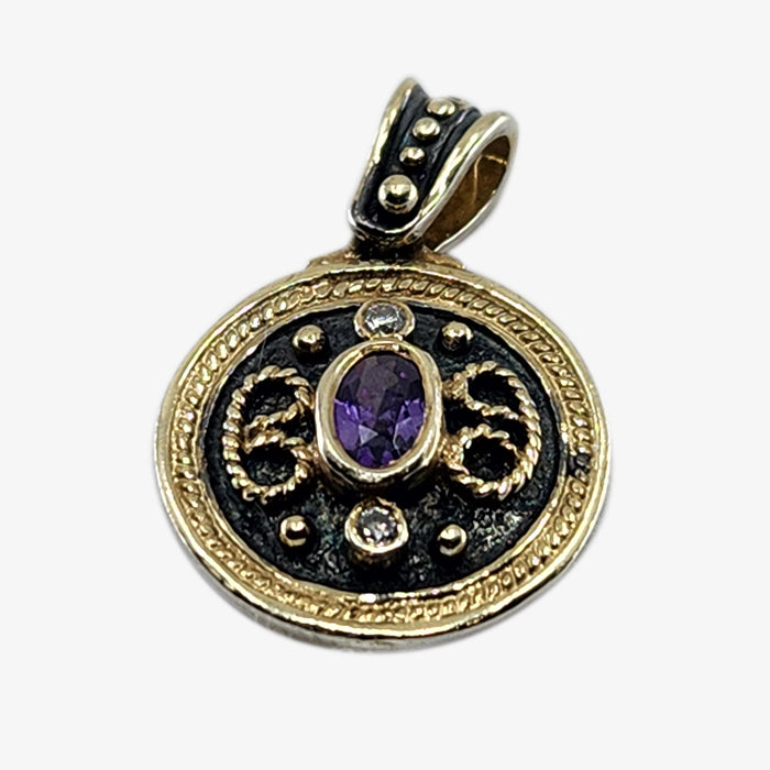 Sterling Silver and 18K Gold Plated Byzantine Pendant with Amethyst