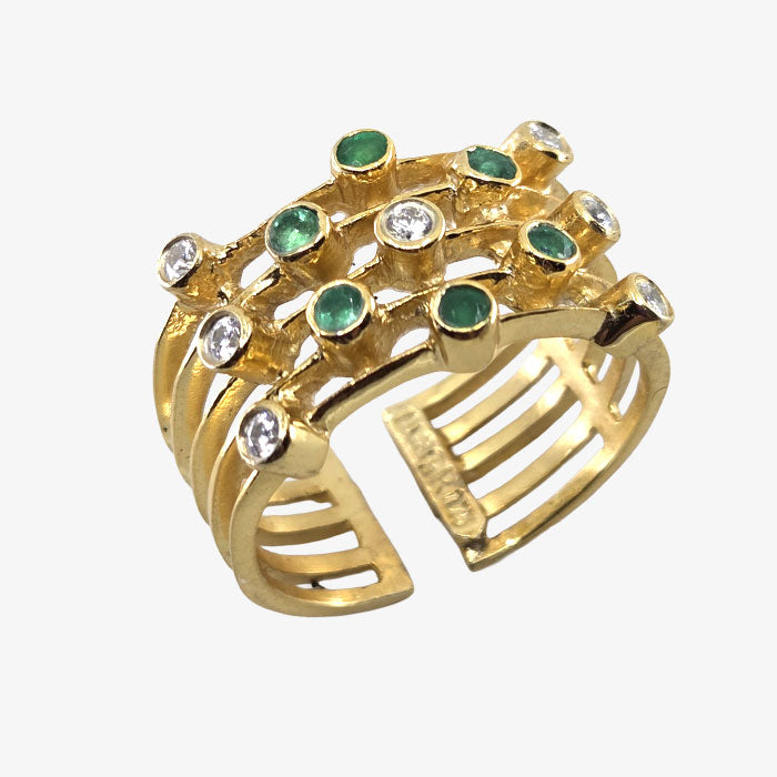 18K Gold Cage Ring with Stones - Emerald and Diamonds