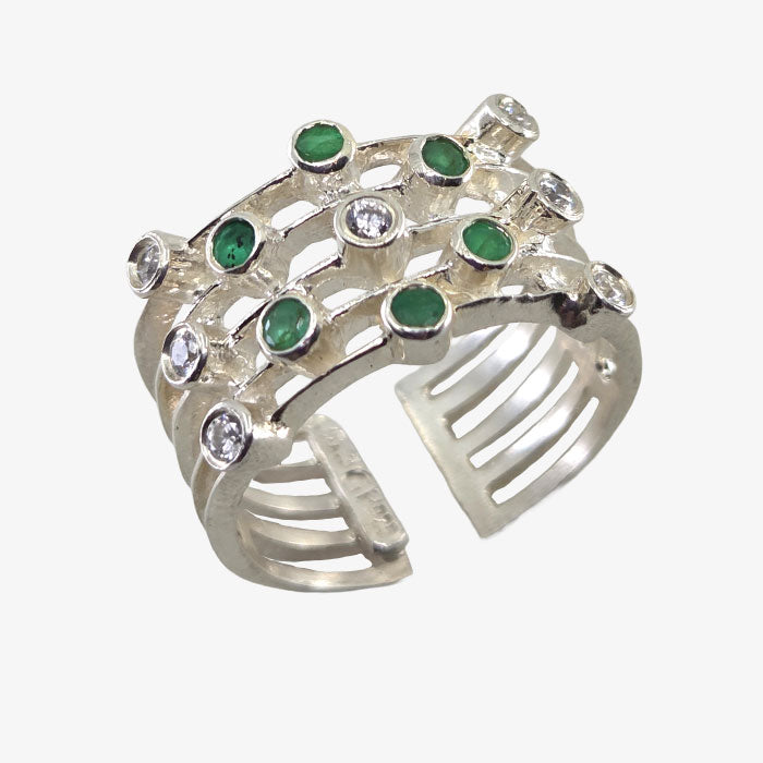 Silver Cage Ring with Stones - Emerald and Diamonds