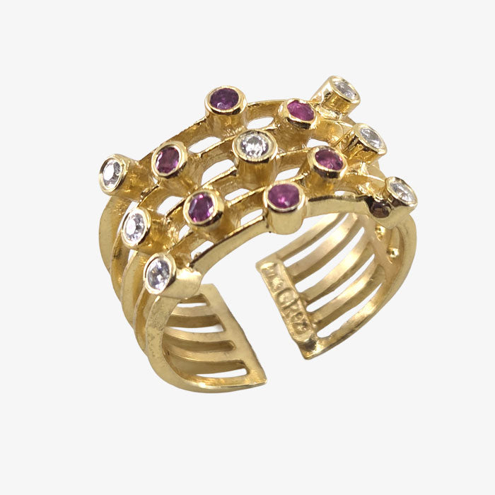 18K Gold Cage Ring with Stones - Rubies and Diamonds