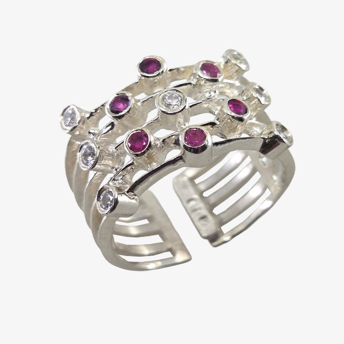 Silver Cage Ring with Stones - Rubies and Diamonds