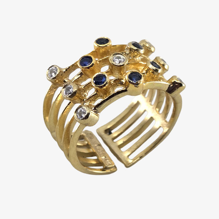 18K Gold Cage Ring with Stones - Sapphire and Diamonds