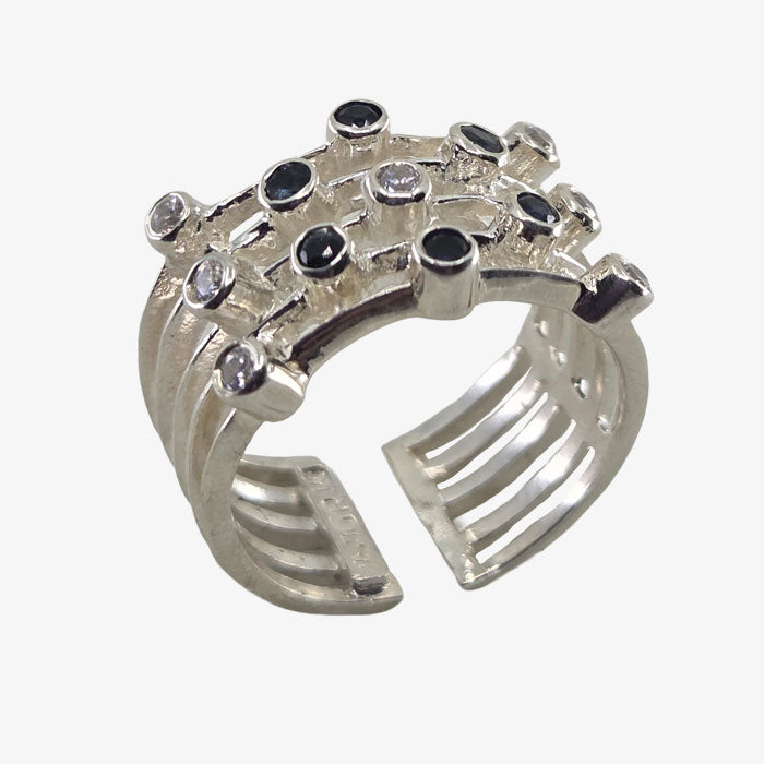 Silver Cage Ring with Stones - Sapphires and Diamonds