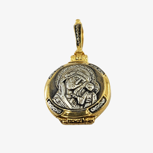 Orthodox Pendant with Madonna and Child + 3 Bar Cross 24K Gold over Silver