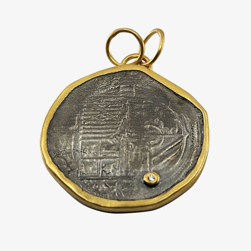 24K Gold over Anodized Silver Byzantine Coin Pendant with Diamonds