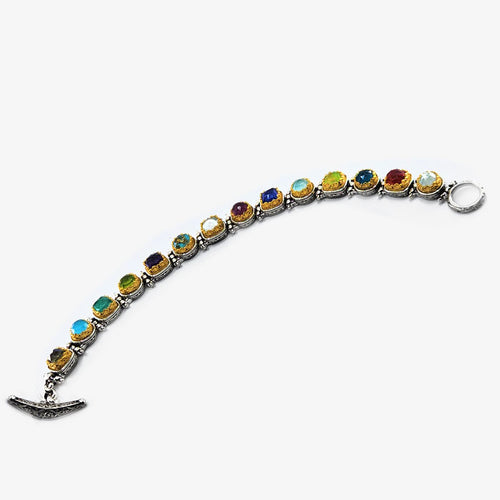 Sterling Silver, 18K Gold Plate, Multi-Color Doublet Stone Iris Bracelet