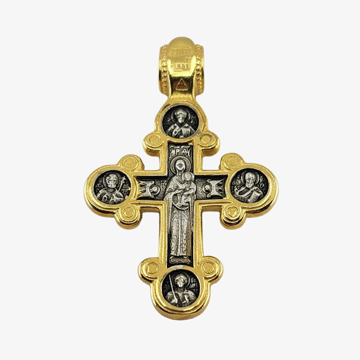 Orthodox Cross with Madonna and Child 24K Gold over Silver