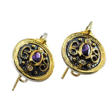 18K Gold over Silver Byzantine Round Earrings with Synthetic Amethyst and White Sapphire Stones