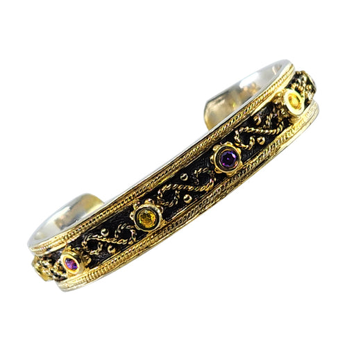 18K Gold over Silver Byzantine Bracelet with Synthetic Emerald and White Sapphire Stones