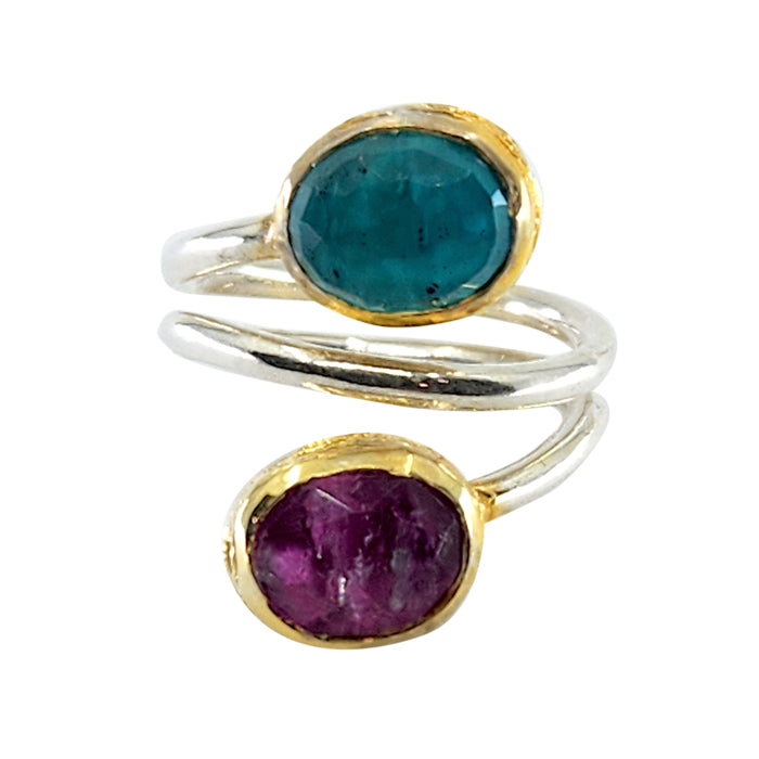18K Gold over Silver Stone Ring with Rubylite and Amazonite Stones