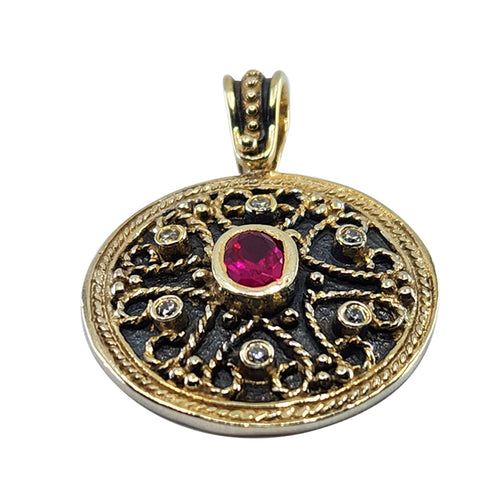18K Gold over Silver Byzantine Pendant with Synthetic Ruby and White Sapphires