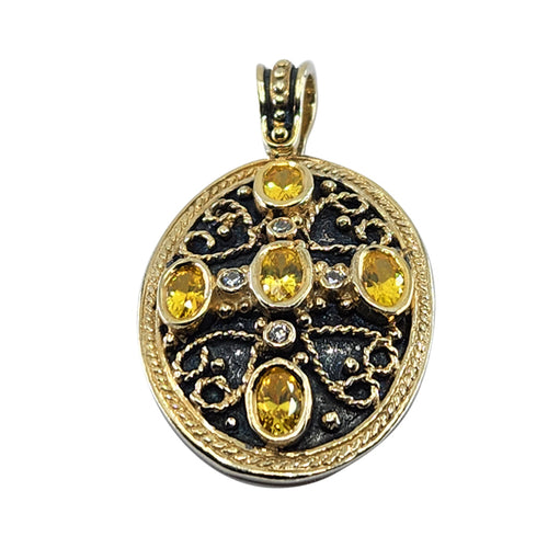 18K Gold over Silver Byzantine Oval Pendant with Citrine and White Sapphires