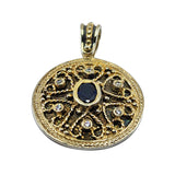 18K Gold over Silver Round Byzantine Pendant with Synthetic Blue Sapphire and White Sapphire Stones