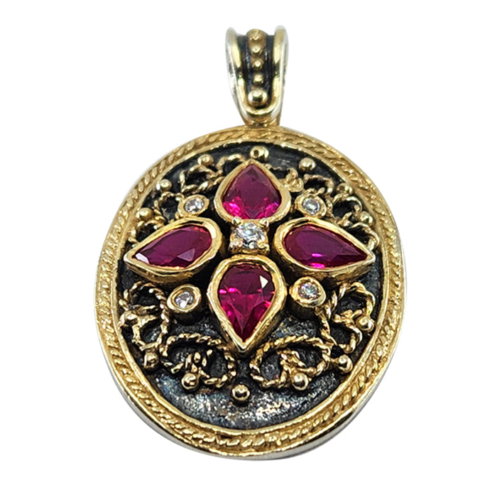18K Gold over Silver Round Byzantine Pendant with Synthetic Ruby and White Sapphire Stones