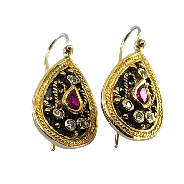 18K Gold over Silver Byzantine Earrings with Synthetic Ruby and White Sapphire Stones