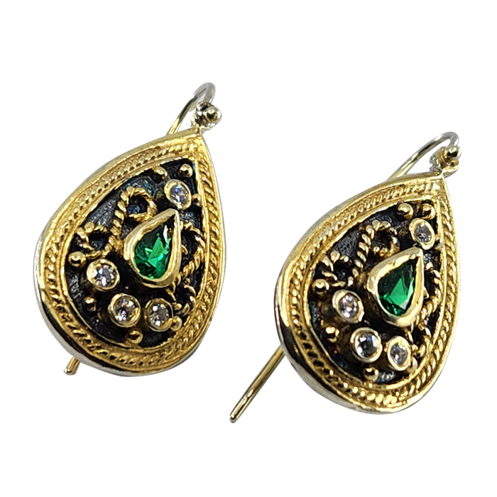18K Gold over Silver Byzantine Earring with Synthetic Emerald and White Sapphire Stones
