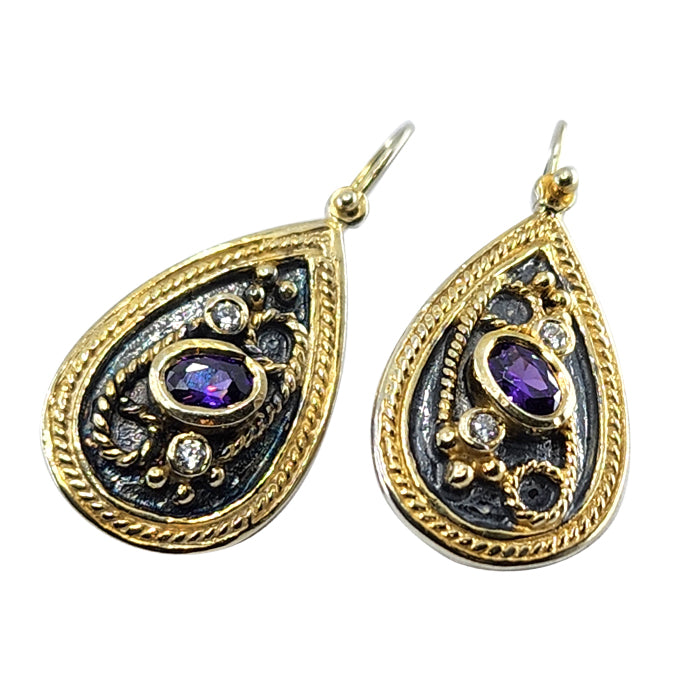 18K Gold over Silver Byzantine Tear Drop Earrings with Amethyst and Synthetic White Sapphire Stones