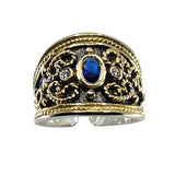 18K Gold over Silver Byzantine Cuff Ring with Synthetic Blue Sapphire and White Sapphire Stones