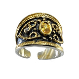 18K Gold over Silver Byzantine Cuff Ring with Synthetic Citrine and White Sapphire Stones