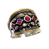 18K Gold over Silver Byzantine Cuff Ring with Synthetic Rubies and White Sapphire Stones