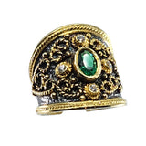 18K Gold over Silver Byzantine Cuff Ring with Synthetic Emerald and White Sapphire Stones